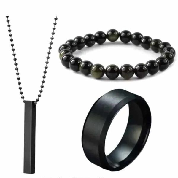 Pack Of 3 Vertical Bar Boy’s Pendant, Ring And Bracelet Set, Color Black